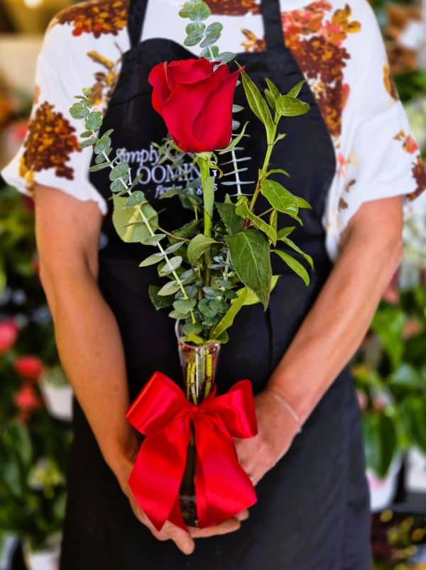 Red Rose in Single Bud Vase with Greenery - Image 2