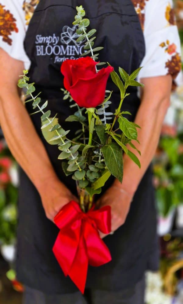 Red Rose in Single Bud Vase with Greenery - Image 3